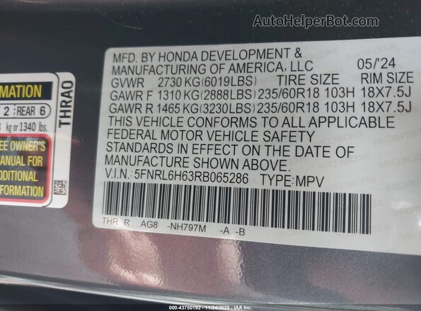 5FNRL6H63RB065286 2024 HONDA ODYSSEY Gray Widok komory silnika