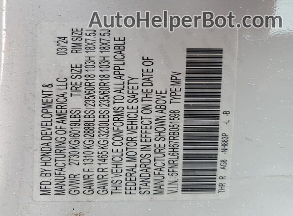 5FNRL6H67RB051598 2024 HONDA ODYSSEY Белый Вид наклейки с VIN-кодом