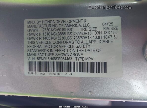5FNRL6H68SB064463 2025 HONDA ODYSSEY Silver Widok tylnych siedzeń