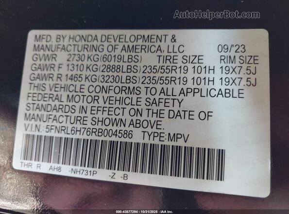5FNRL6H76RB004586 2024 HONDA ODYSSEY Черный Вид подкапотного пространства