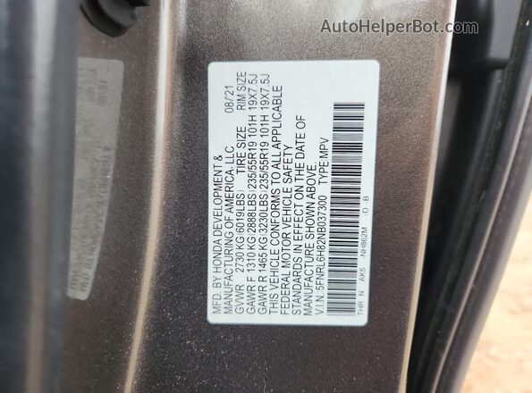5FNRL6H82NB037300 2022 HONDA ODYSSEY Серый Вид наклейки с VIN-кодом