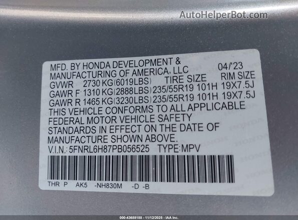 5FNRL6H87PB056525 2023 HONDA ODYSSEY Silver Շարժիչի բաժամունքի տեսք