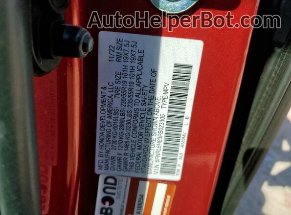 5FNRL6H93PB023305 2023 HONDA ODYSSEY Красный Вид наклейки с VIN-кодом
