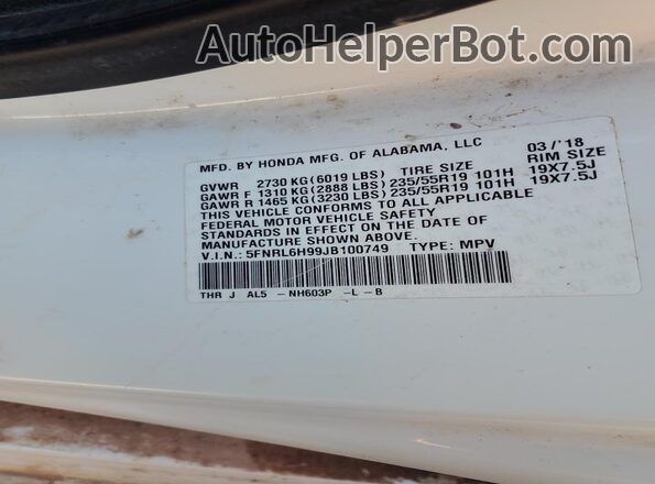 5FNRL6H99JB100749 2018 HONDA ODYSSEY White Вид наклейки з VIN-кодом