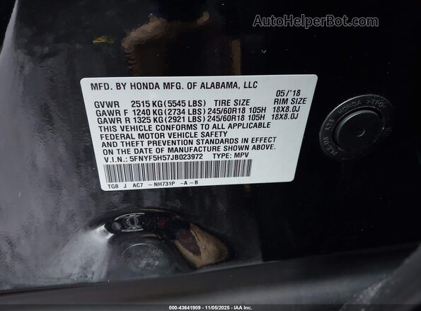 5FNYF5H57JB023972 2018 HONDA PILOT Черный Вид подкапотного пространства