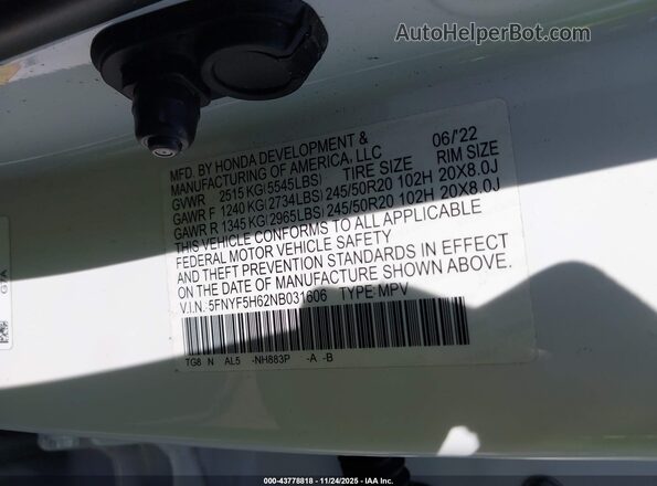 5FNYF5H62NB031606 2022 HONDA PILOT Белый Вид подкапотного пространства