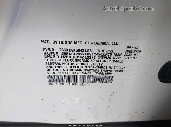 5FNYF6H01KB024451 2019 HONDA PILOT Белый Вид подкапотного пространства