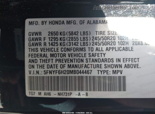 5FNYF6H20MB044467 2021 HONDA PILOT Черный Вид подкапотного пространства