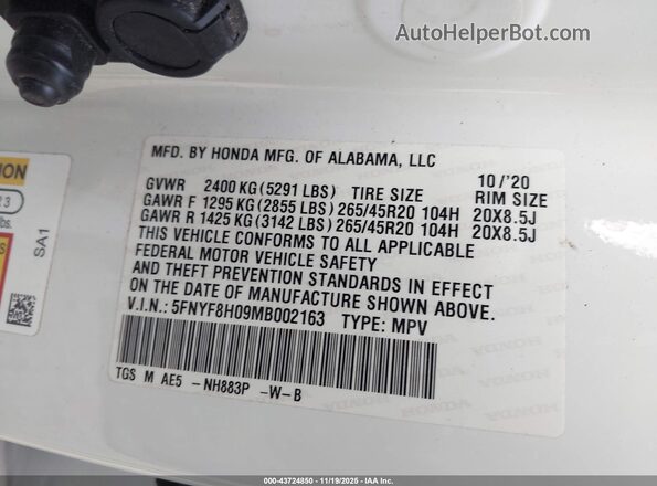5FNYF8H09MB002163 2021 HONDA PASSPORT Белый Вид подкапотного пространства