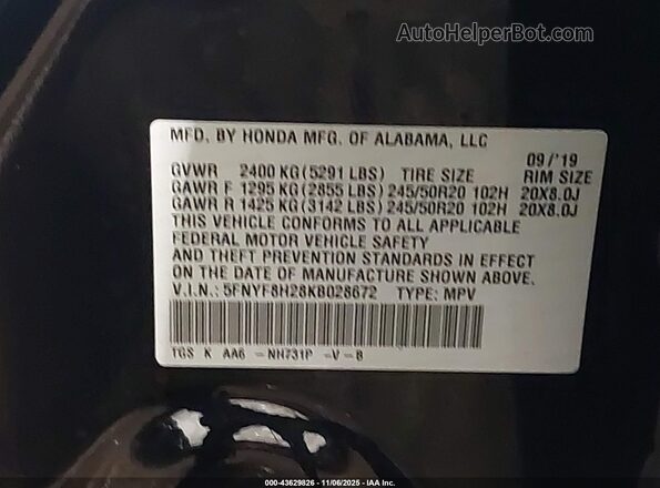 5FNYF8H28KB028672 2019 HONDA PASSPORT Черный Вид подкапотного пространства