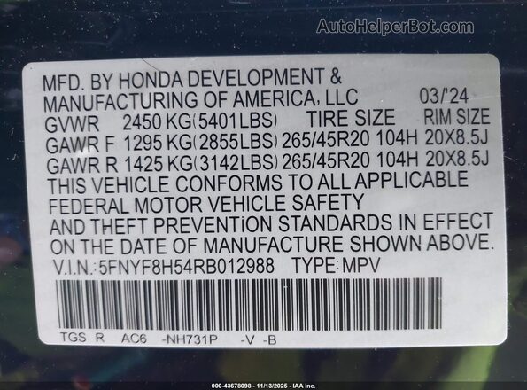5FNYF8H54RB012988 2024 HONDA PASSPORT Черный Вид подкапотного пространства