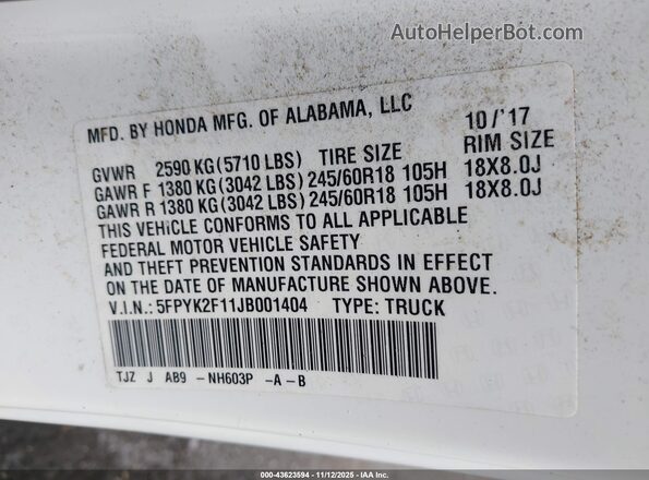 5FPYK2F11JB001404 2018 HONDA RIDGELINE White ძრავის განყოფილების ხედი