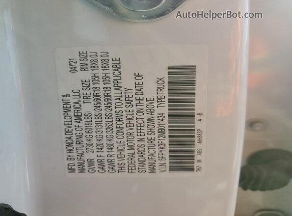 5FPYK3F12MB011434 2021 HONDA RIDGELINE Белый Вид подкапотного пространства