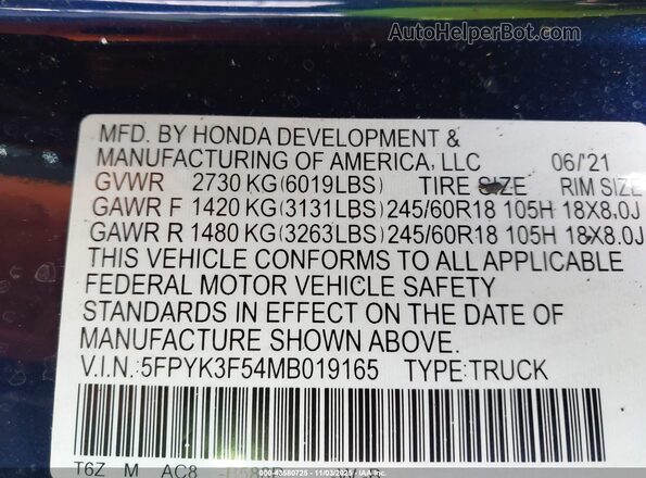5FPYK3F54MB019165 2021 HONDA RIDGELINE Blue Vista del compartimento del motor