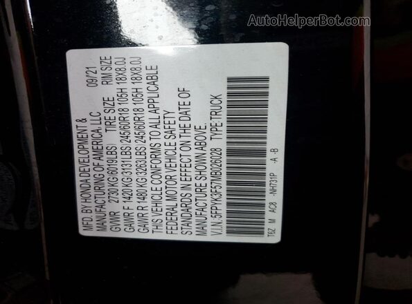 5FPYK3F57MB026028 2021 HONDA RIDGELINE Black ძრავის განყოფილების ხედი