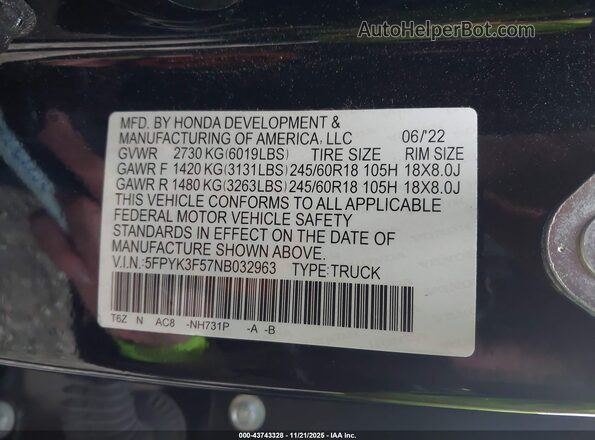 5FPYK3F57NB032963 2022 HONDA RIDGELINE Черный Вид подкапотного пространства
