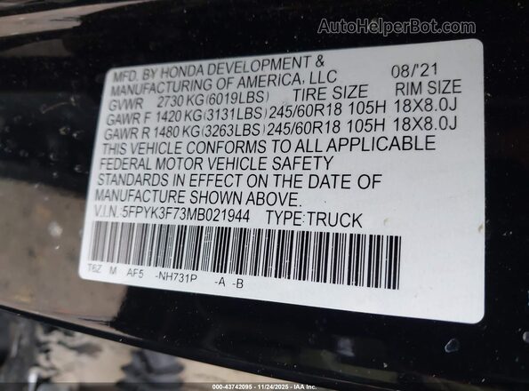 5FPYK3F73MB021944 2021 HONDA RIDGELINE Black Вид підкапотного простору