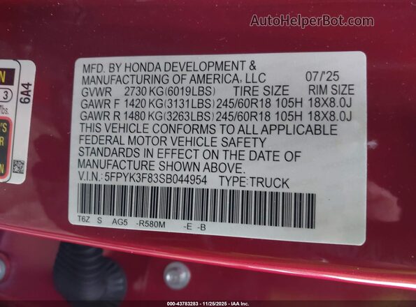 5FPYK3F83SB044954 2025 HONDA RIDGELINE Красный Вид подкапотного пространства
