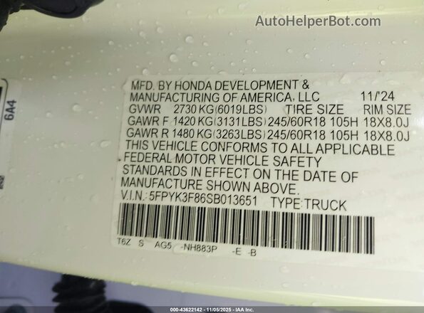 5FPYK3F86SB013651 2025 HONDA RIDGELINE White Вид підкапотного простору