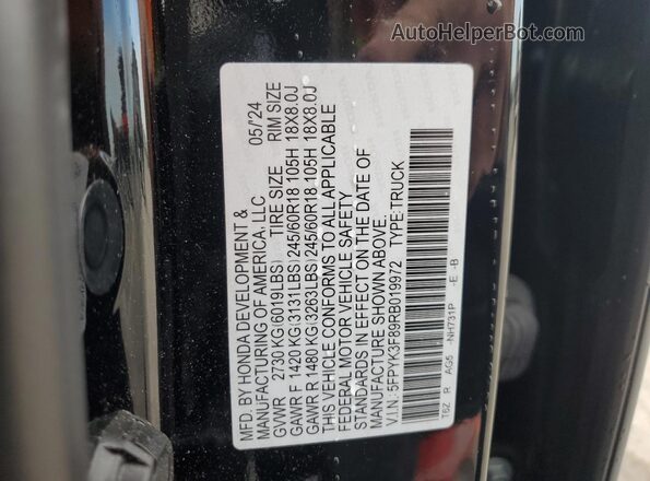 5FPYK3F89RB019972 2024 HONDA RIDGELINE Black Widok naklejki z numerem VIN