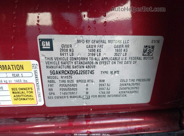 5GAKRCKD9GJ268745 2016 BUICK ENCLAVE Темно-бордовый Вид подкапотного пространства