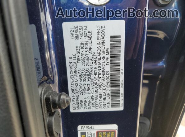 5J6RT6H52NL002124 2022 HONDA CR-V Blue Widok wnętrza 360 stopni