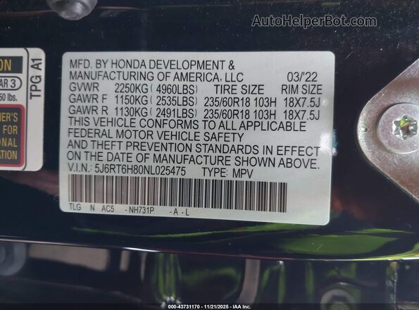 5J6RT6H80NL025475 2022 HONDA CR-V HYBRID Черный Вид подкапотного пространства