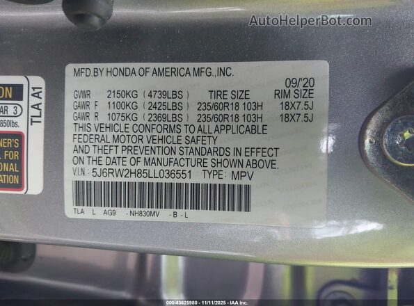5J6RW2H85LL036551 2020 HONDA CRV Silver Widok komory silnika