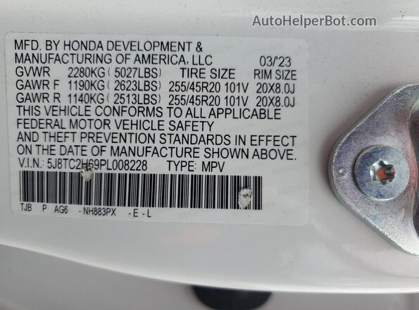 5J8TC2H69PL008228 2023 ACURA RDX White Vista de la etiqueta del VIN