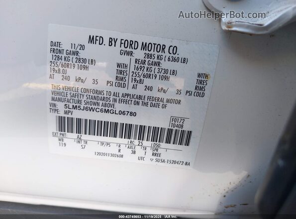 5LM5J6WC6MGL06780 2021 LINCOLN AVIATOR Белый Вид подкапотного пространства