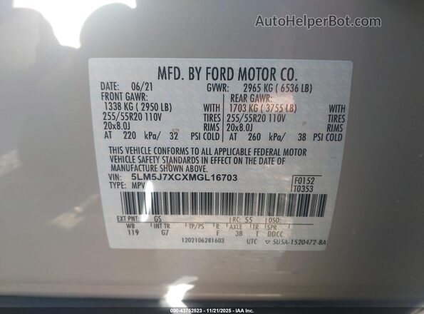 5LM5J7XCXMGL16703 2021 LINCOLN AVIATOR Белый Вид подкапотного пространства
