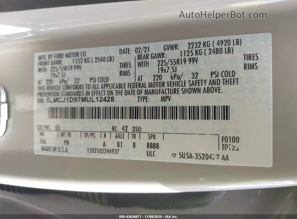 5LMCJ1D97MUL12428 2021 LINCOLN CORSAIR Белый Вид подкапотного пространства