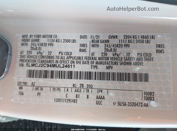 5LMCJ2C94MUL24611 2021 LINCOLN CORSAIR Белый Вид подкапотного пространства