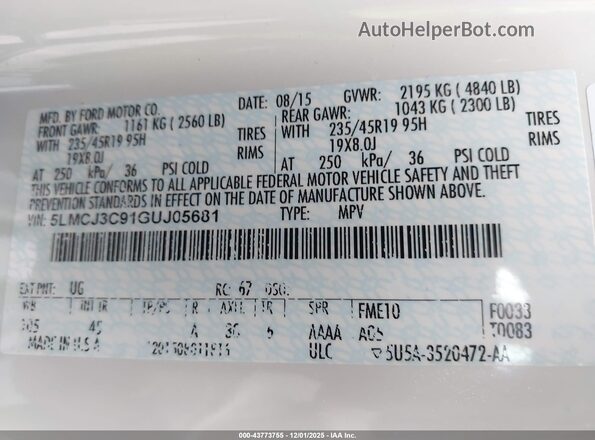 5LMCJ3C91GUJ05681 2016 LINCOLN MKC Белый Вид подкапотного пространства