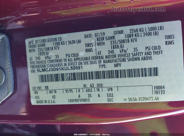 5LMCJ3D91KUL52691 2019 LINCOLN MKC Красный Вид подкапотного пространства