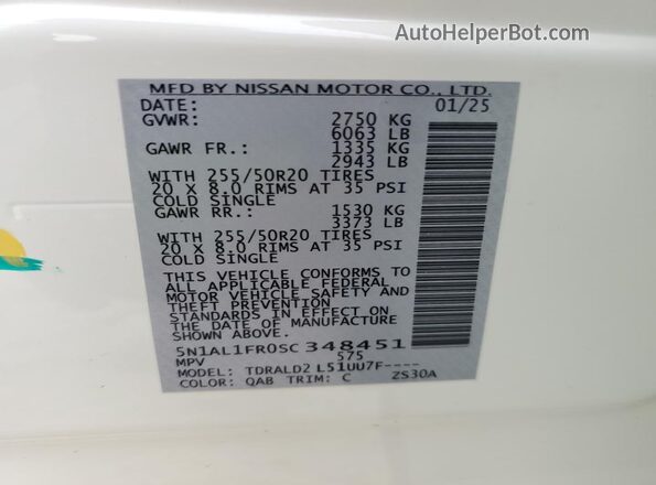 5N1AL1FR0SC348451 2025 INFINITI QX60 Белый Вид наклейки с VIN-кодом
