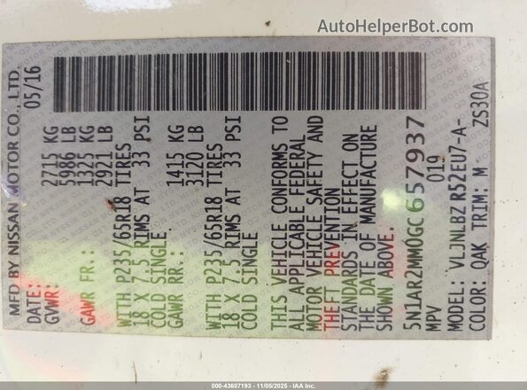 5N1AR2MM0GC657937 2016 NISSAN PATHFINDER White Вид підкапотного простору