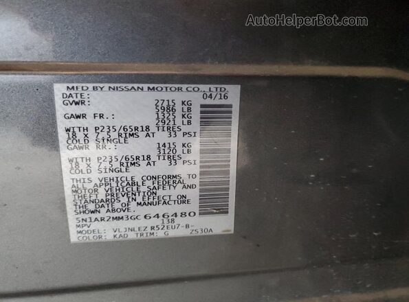 5N1AR2MM3GC646480 2016 NISSAN PATHFINDER Серый Вид наклейки с VIN-кодом