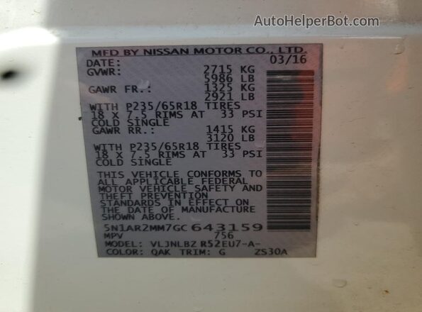 5N1AR2MM7GC643159 2016 NISSAN PATHFINDER White Շարժիչի բաժամունքի տեսք