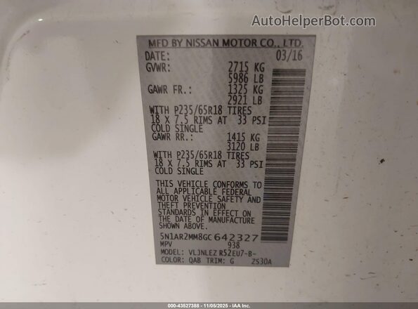 5N1AR2MM8GC642327 2016 NISSAN PATHFINDER White Vista del compartimento del motor