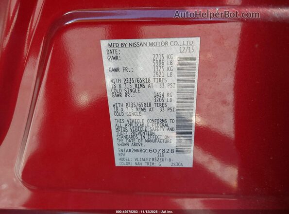 5N1AR2MN8GC607828 2016 NISSAN PATHFINDER Red Widok komory silnika