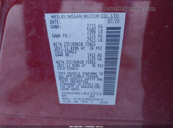 5N1DR2CM6LC623221 2020 NISSAN PATHFINDER Red Շարժիչի բաժամունքի տեսք
