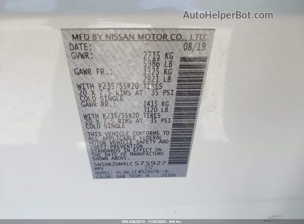 5N1DR2DM4LC575927 2020 NISSAN PATHFINDER White Շարժիչի բաժամունքի տեսք
