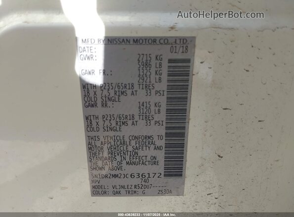5N1DR2MM2JC636172 2018 NISSAN PATHFINDER White Vista del compartimento del motor