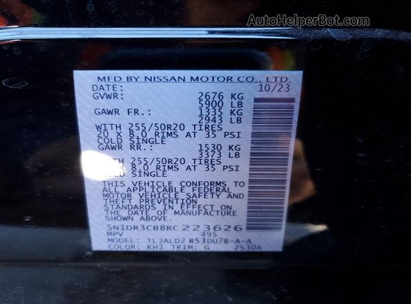 5N1DR3CB8RC223626 2024 NISSAN PATHFINDER Black Widok naklejki z numerem VIN
