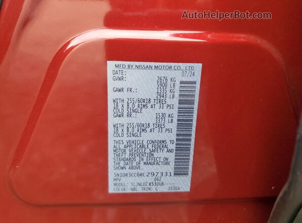5N1DR3CC6RC297331 2024 NISSAN PATHFINDER Красный Панорамный вид салона 360°