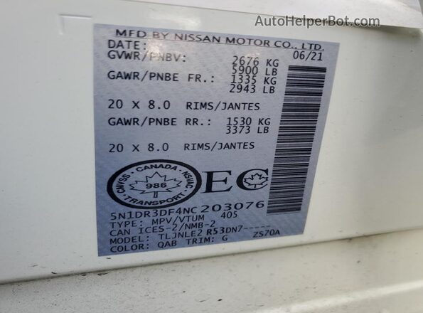 5N1DR3DF4NC203076 2022 NISSAN PATHFINDER Белый Вид наклейки с VIN-кодом