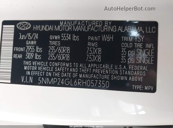 5NMP24GL6RH057350 2024 HYUNDAI SANTA FE Белый Вид подкапотного пространства