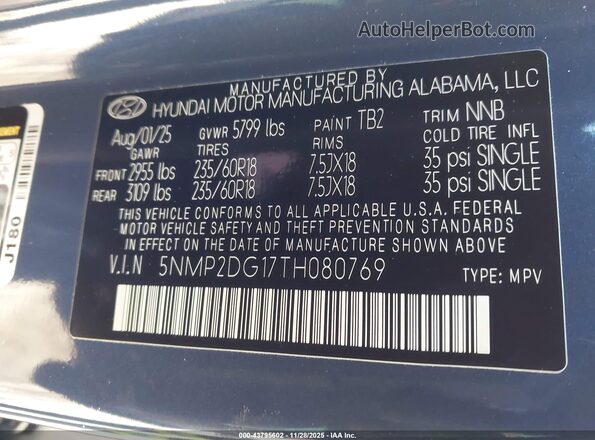 5NMP2DG17TH080769 2026 HYUNDAI SANTA FE HYBRID Blue Widok komory silnika