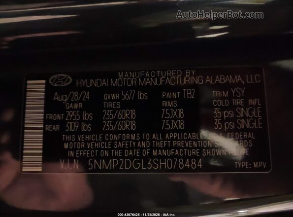 5NMP2DGL3SH078484 2025 HYUNDAI SANTA FE Blue ძრავის განყოფილების ხედი